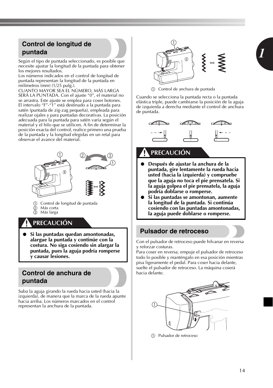 Control de longitud de puntada, Control de anchura de puntada, Pulsador de retroceso | Precaución | Brother SB530T User Manual | Page 65 / 104