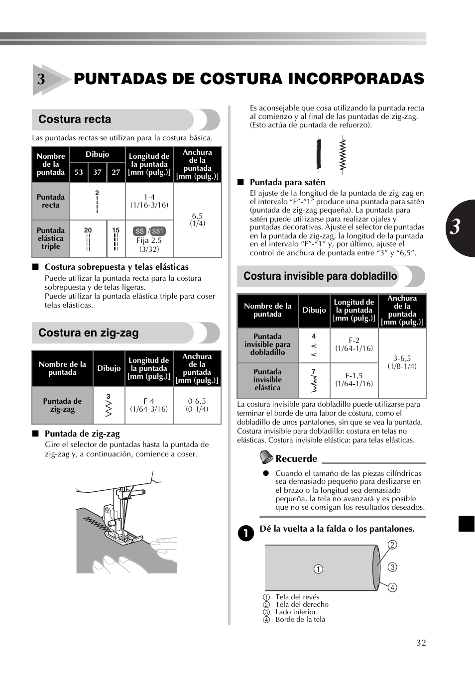 3puntadas de costura incorporadas, Costura recta, Costura en zig-zag | Costura invisible para dobladillo, Recuerde | Brother SB530T User Manual | Page 83 / 104