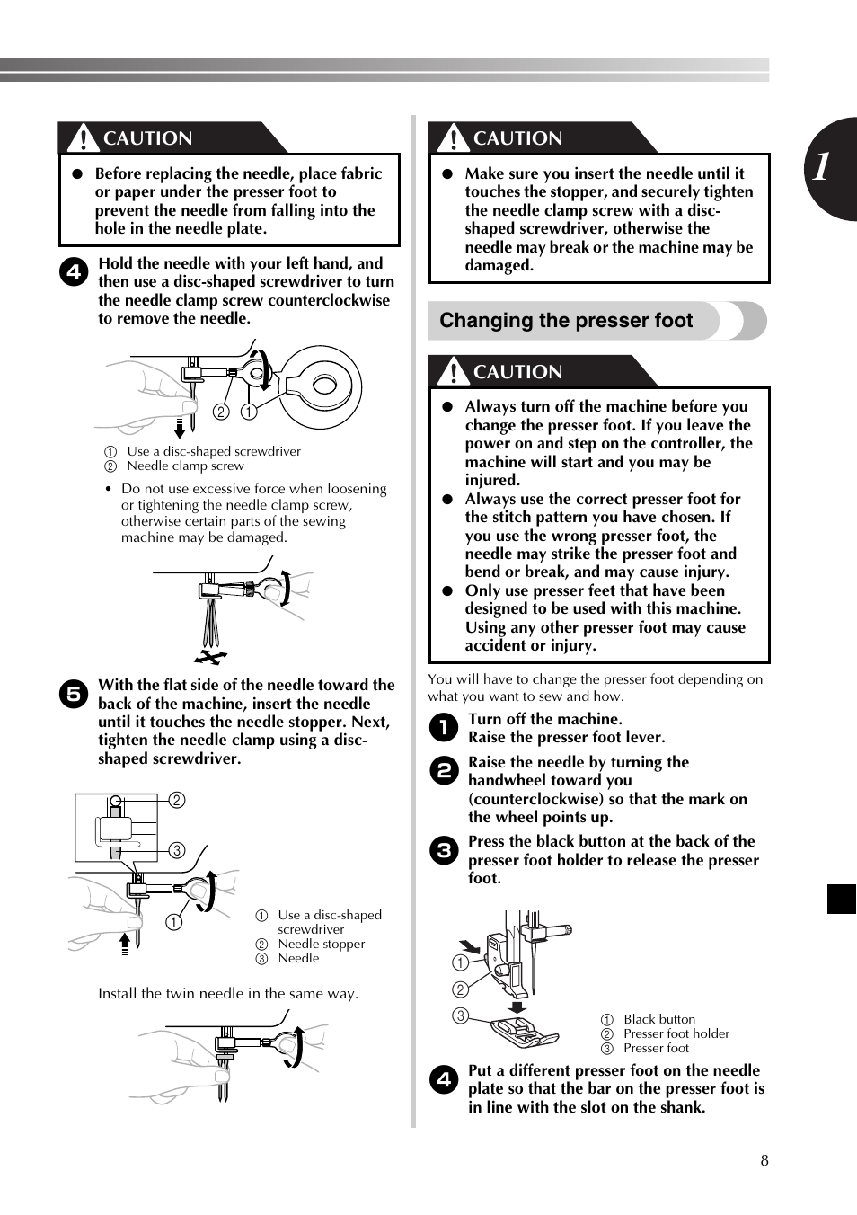 Changing the presser foot, Caution | Brother SB530T User Manual | Page 9 / 104
