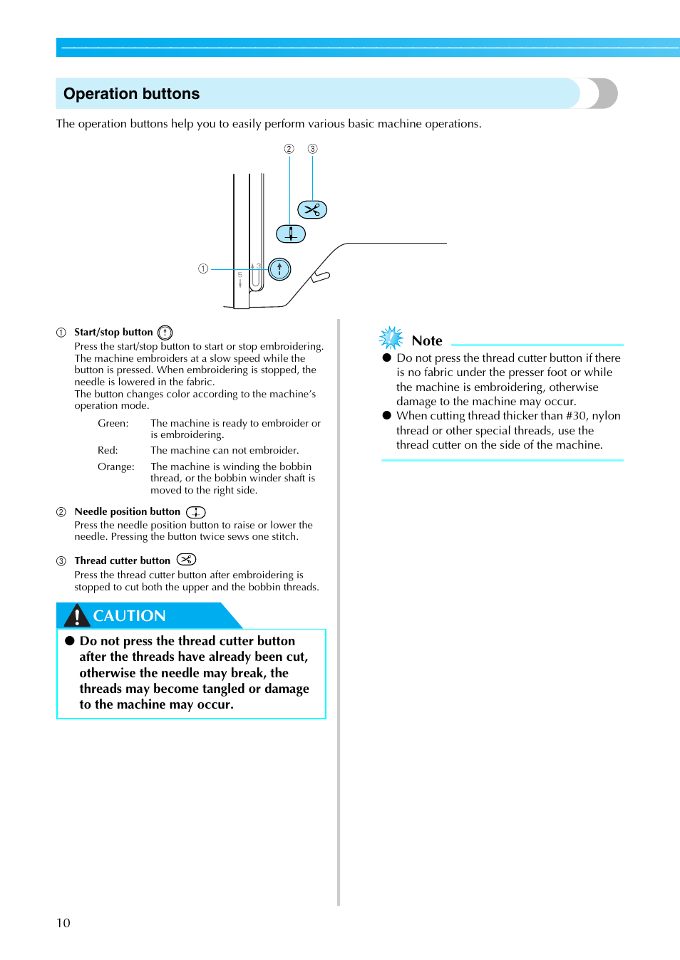 Operation buttons, Caution | Brother PE-770 User Manual | Page 12 / 88