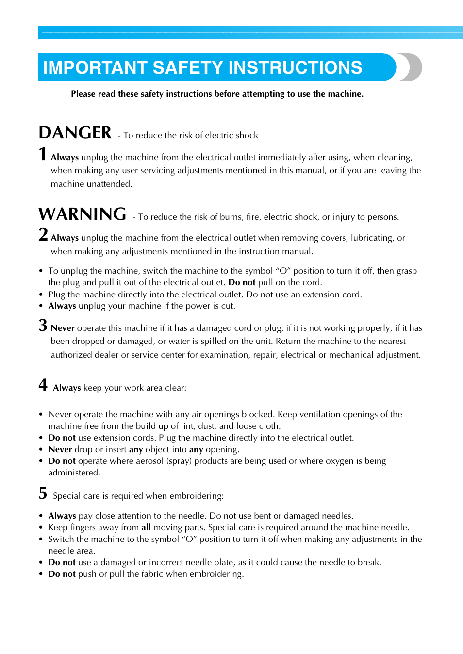 Important safety instructions, Danger, Warning | Brother PE-770 User Manual | Page 2 / 88