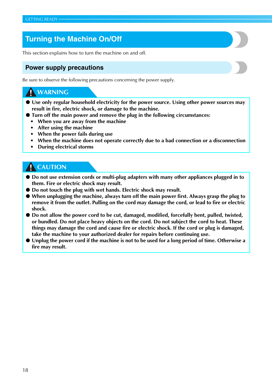 Turning the machine on/off, Power supply precautions, Warning caution | Brother PE-770 User Manual | Page 20 / 88