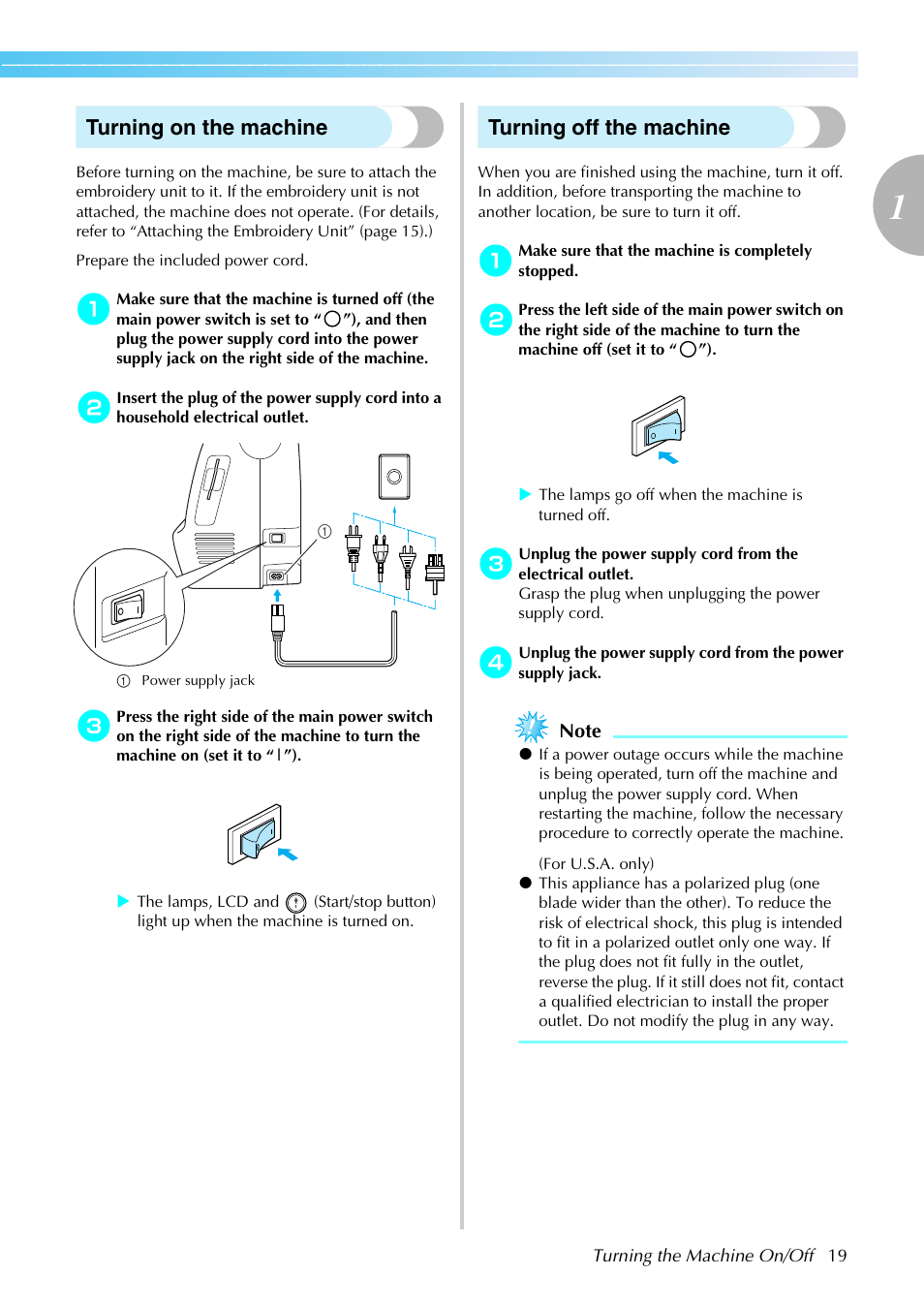 Turning on the machine, Turning off the machine | Brother PE-770 User Manual | Page 21 / 88