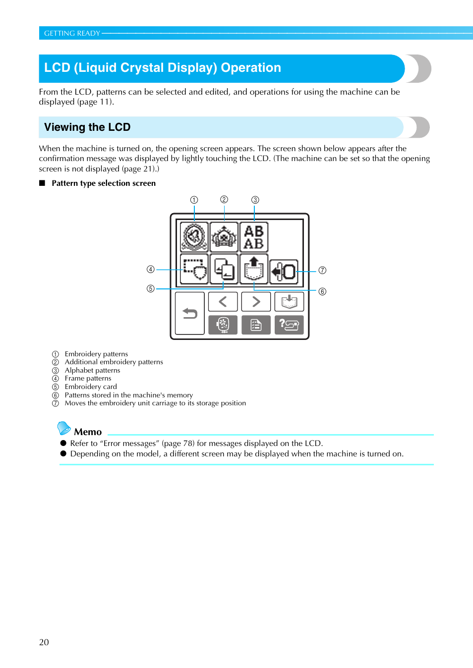 Lcd (liquid crystal display) operation, Viewing the lcd | Brother PE-770 User Manual | Page 22 / 88