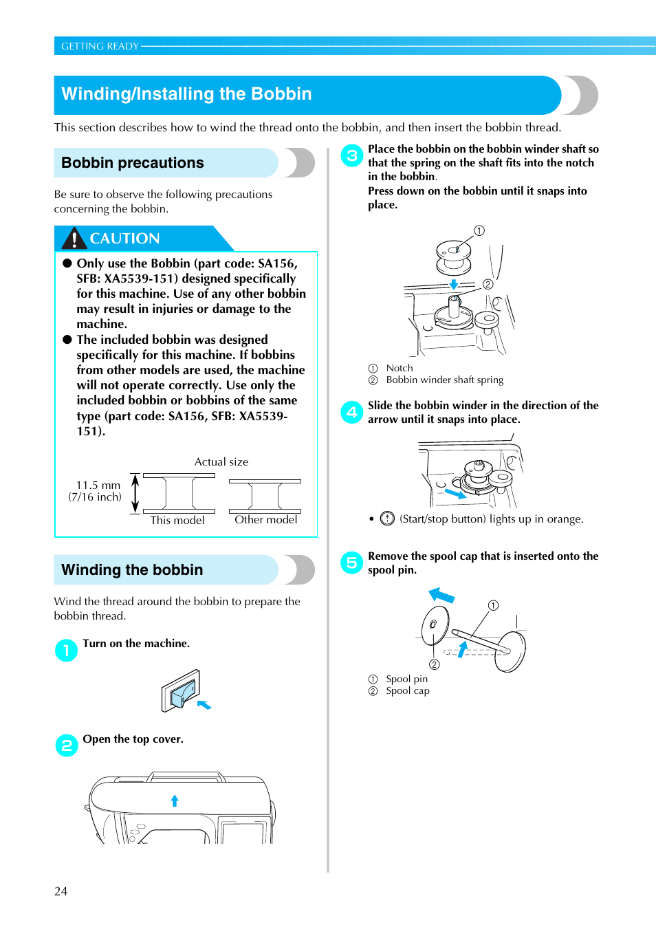 Winding/installing the bobbin, Bobbin precautions, Caution winding the bobbin | Brother PE-770 User Manual | Page 26 / 88