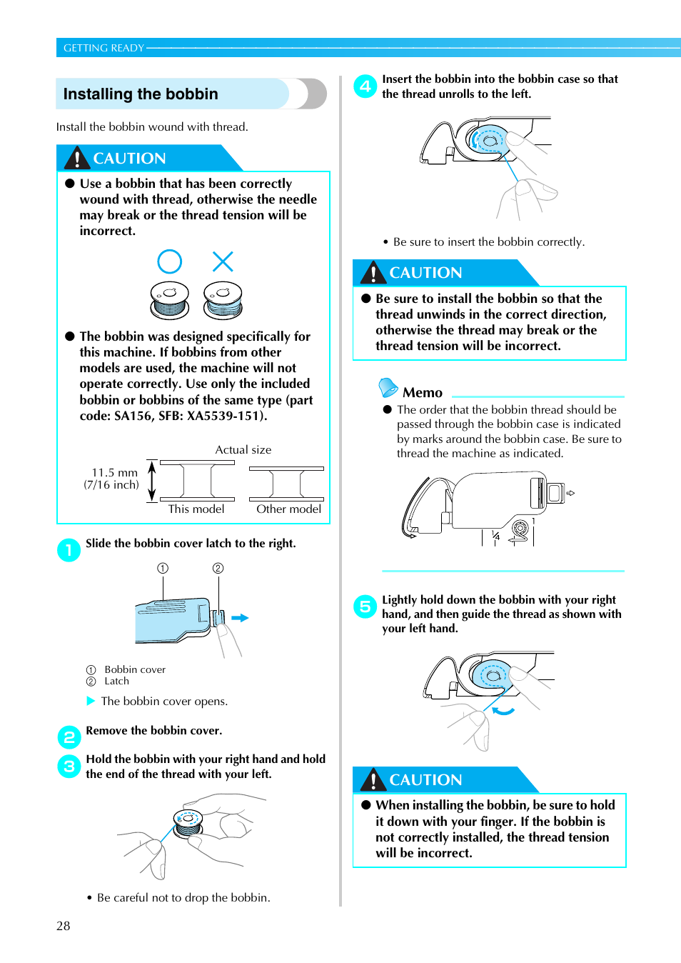 Installing the bobbin, Caution | Brother PE-770 User Manual | Page 30 / 88
