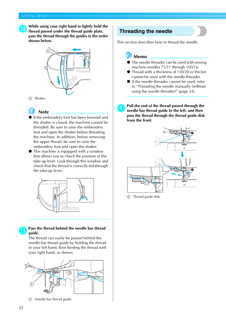 Threading the needle | Brother PE-770 User Manual | Page 34 / 88