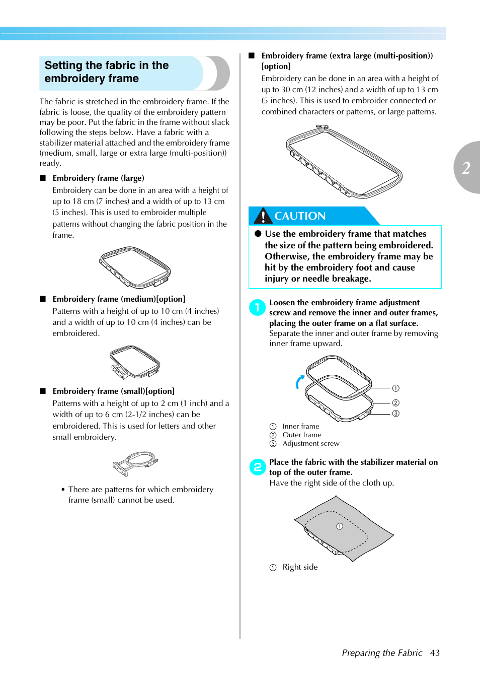 Setting the fabric in the embroidery frame, Caution | Brother PE-770 User Manual | Page 45 / 88