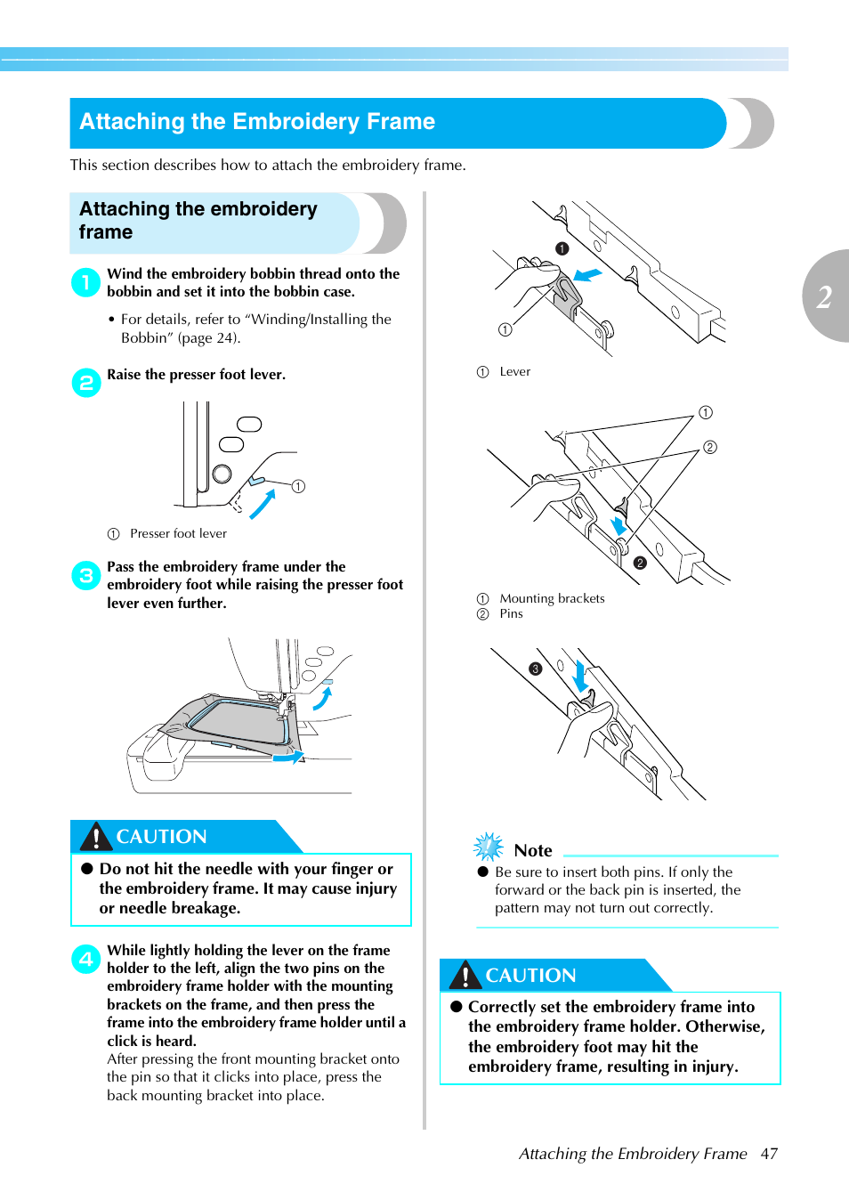 Attaching the embroidery frame, Caution | Brother PE-770 User Manual | Page 49 / 88