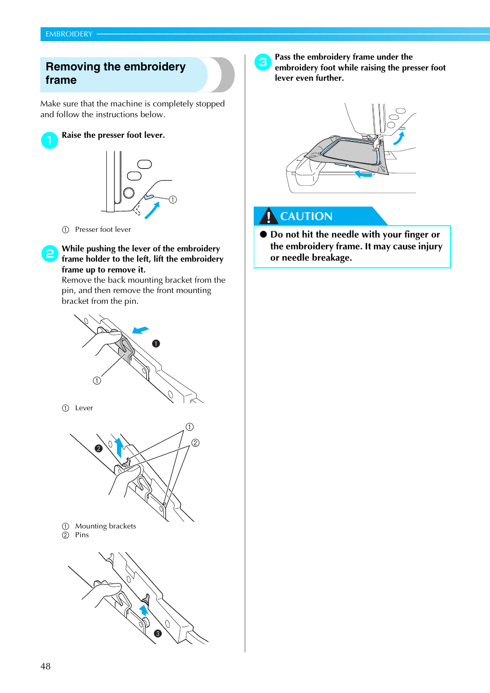 Removing the embroidery frame, Caution | Brother PE-770 User Manual | Page 50 / 88