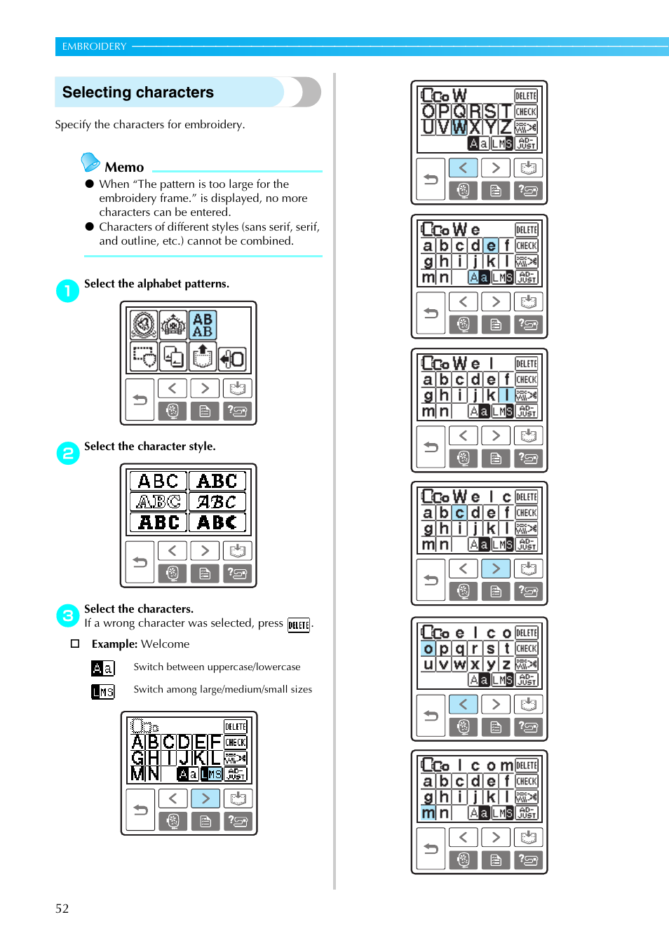 Selecting characters | Brother PE-770 User Manual | Page 54 / 88