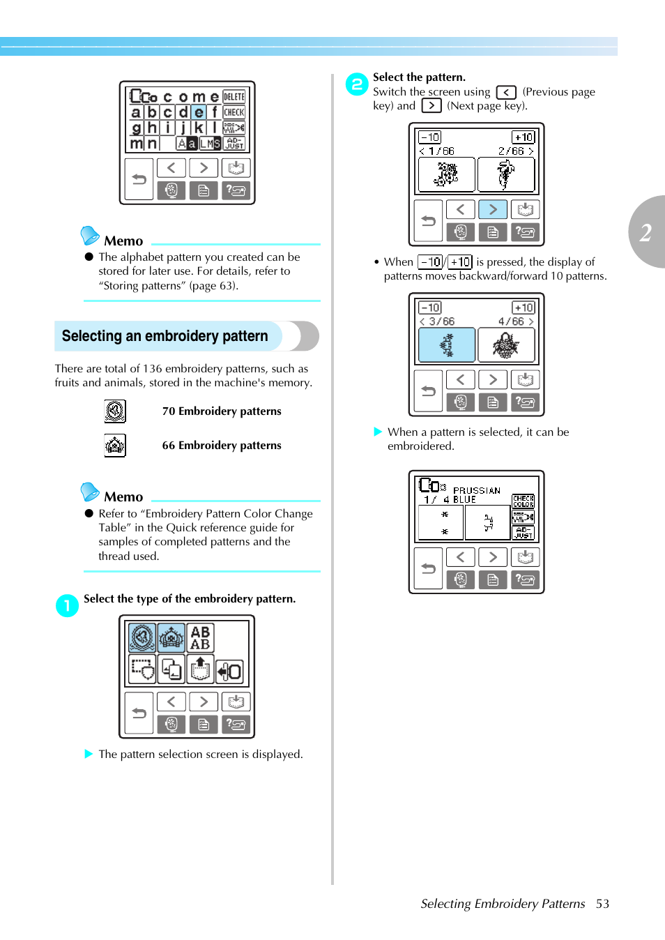 Selecting an embroidery pattern | Brother PE-770 User Manual | Page 55 / 88