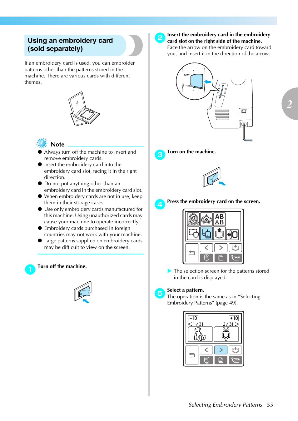 Using an embroidery card (sold separately) | Brother PE-770 User Manual | Page 57 / 88