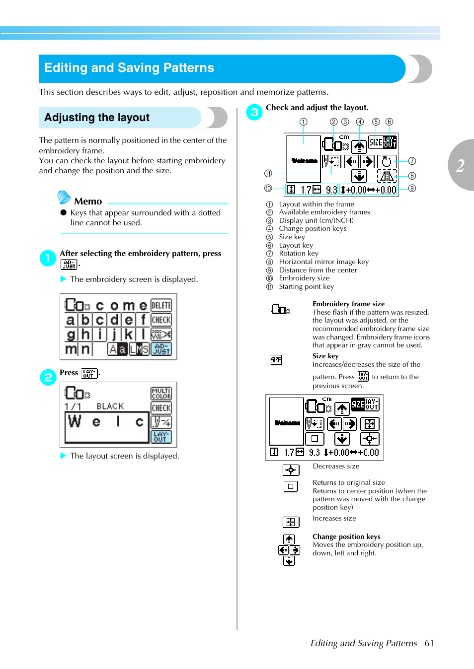 Editing and saving patterns, Adjusting the layout | Brother PE-770 User Manual | Page 63 / 88