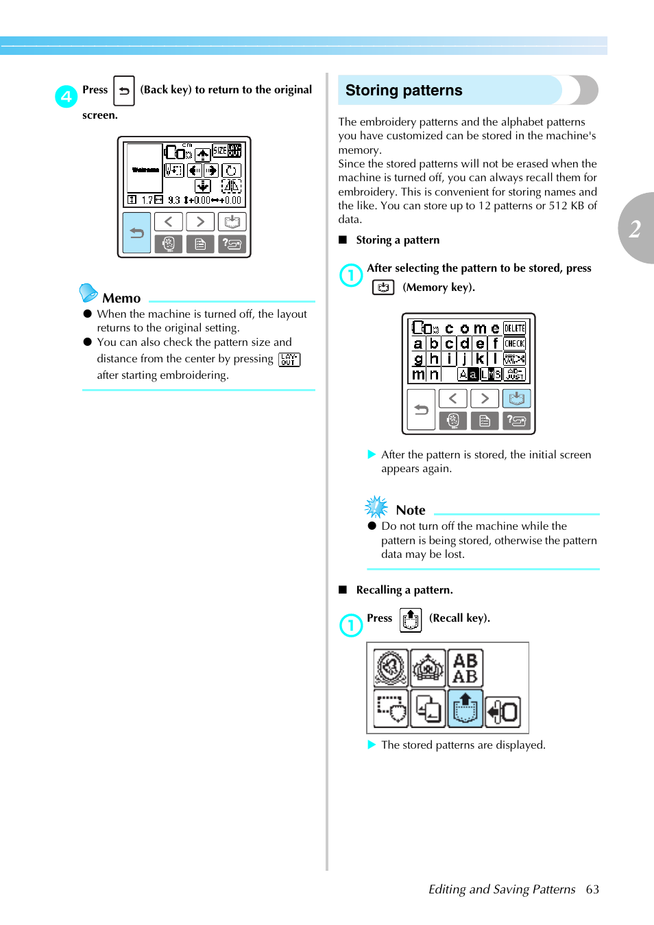 Storing patterns | Brother PE-770 User Manual | Page 65 / 88