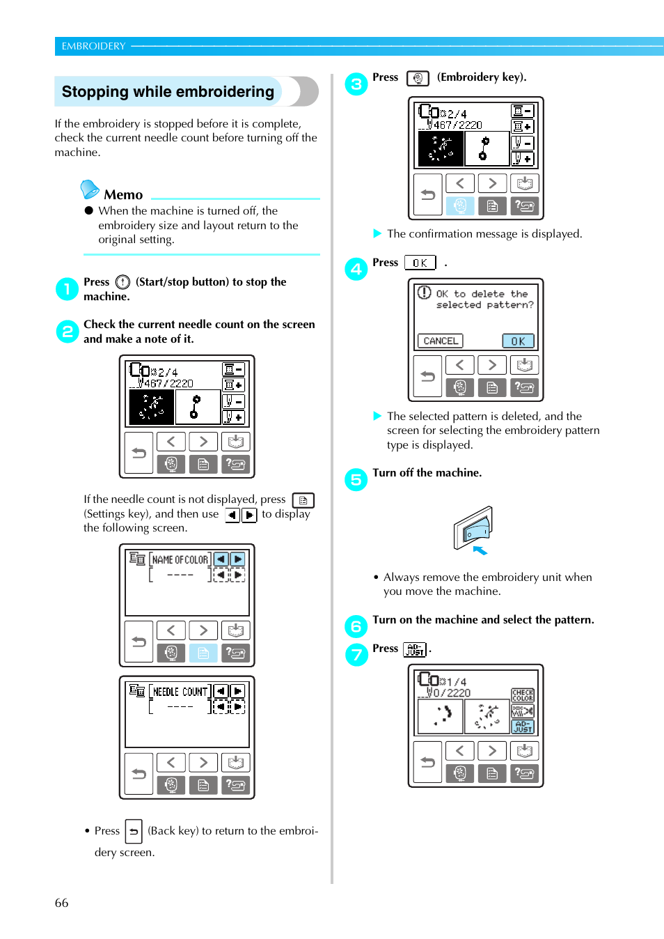 Stopping while embroidering | Brother PE-770 User Manual | Page 68 / 88