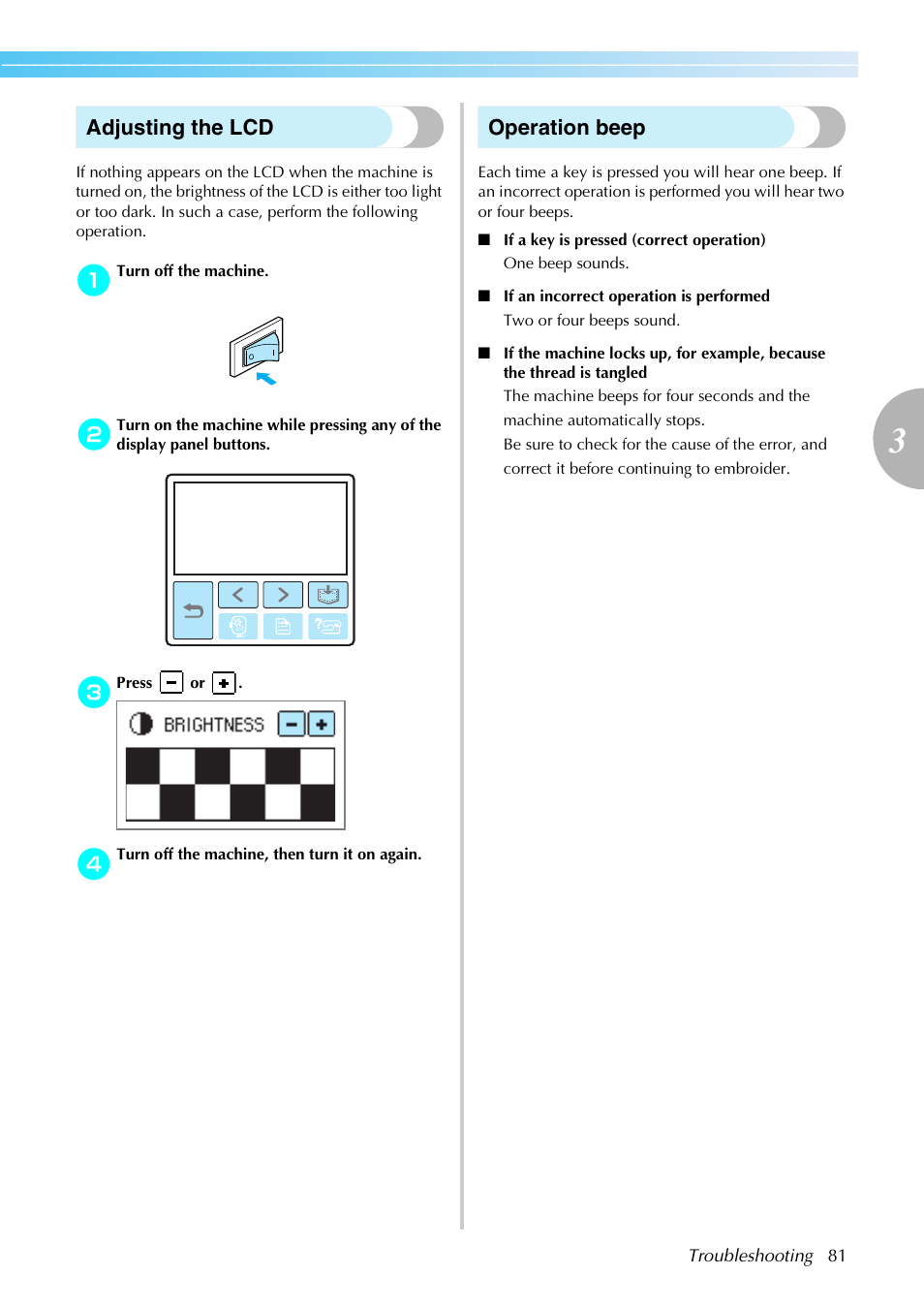 Adjusting the lcd, Operation beep | Brother PE-770 User Manual | Page 83 / 88