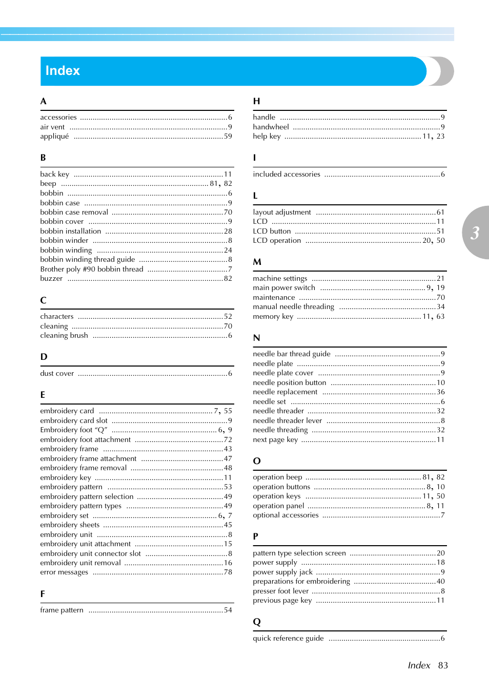 Index | Brother PE-770 User Manual | Page 85 / 88