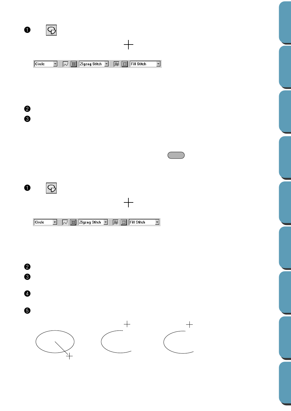 Drawing a circle or an ellipse, Drawing an arc, Drawing a circle or an ellipse • drawing an arc | Drawing a circle or an ellipse 1, Drawing an arc 1 | Brother PE-DESIGN Ver.432 User Manual | Page 122 / 224