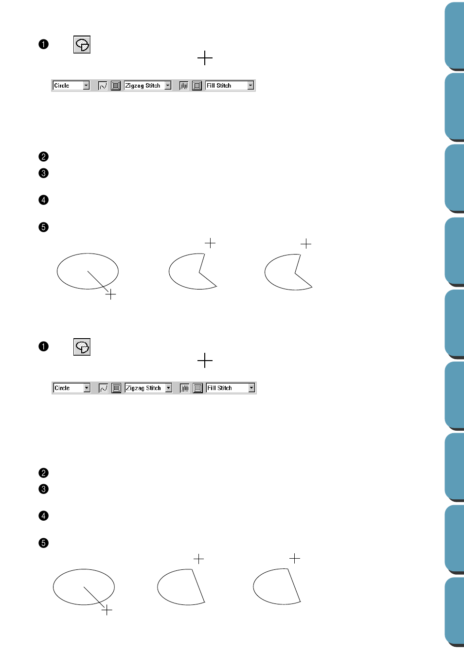 Drawing a fan shape, Drawing an arc & string, Drawing a fan shape • drawing an arc & string | Drawing a fan shape 1, Drawing an arc & string 1 | Brother PE-DESIGN Ver.432 User Manual | Page 123 / 224