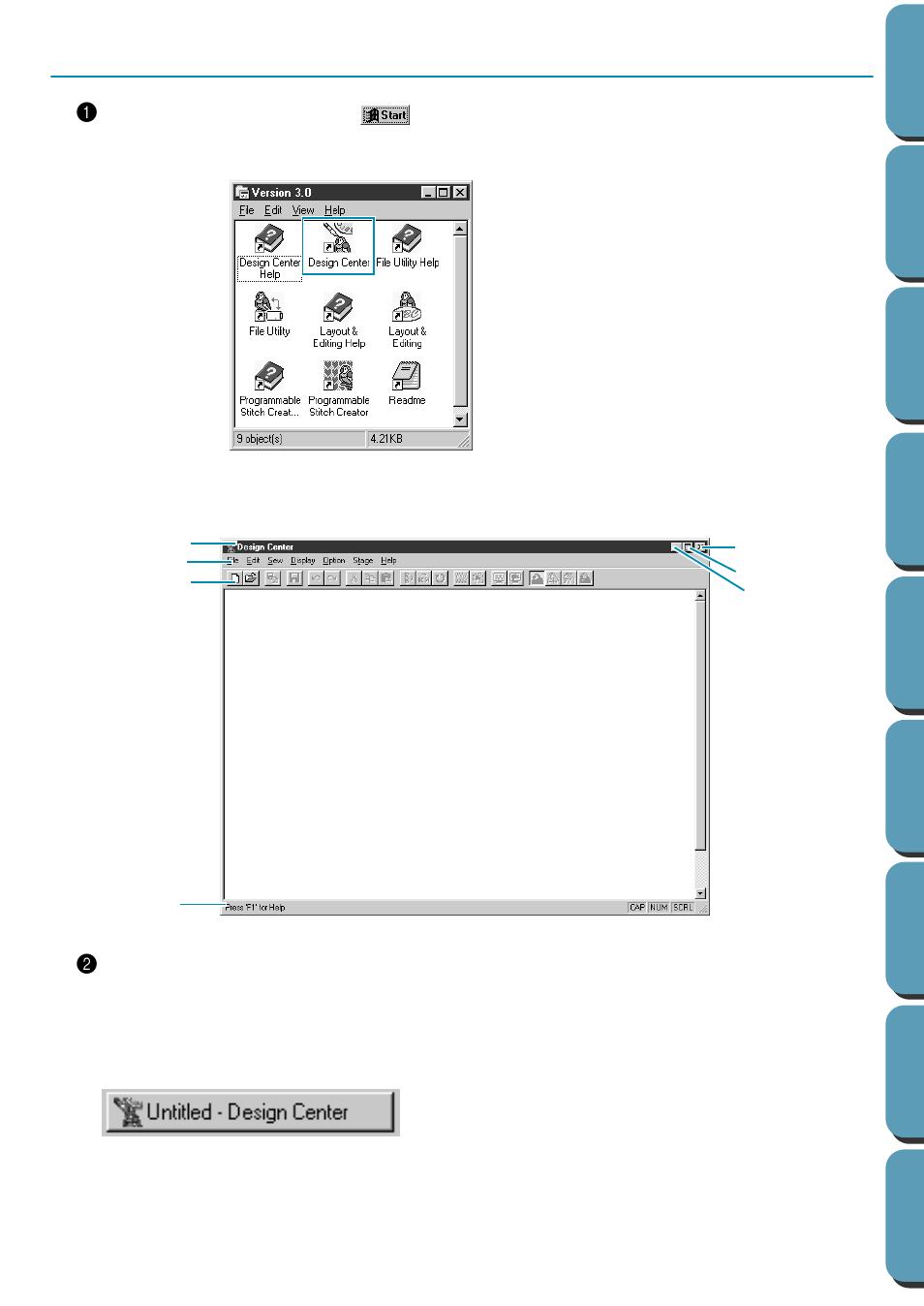 Step 1 starting design center, Starting design center, Step 1 | Brother PE-DESIGN Ver.432 User Manual | Page 19 / 224