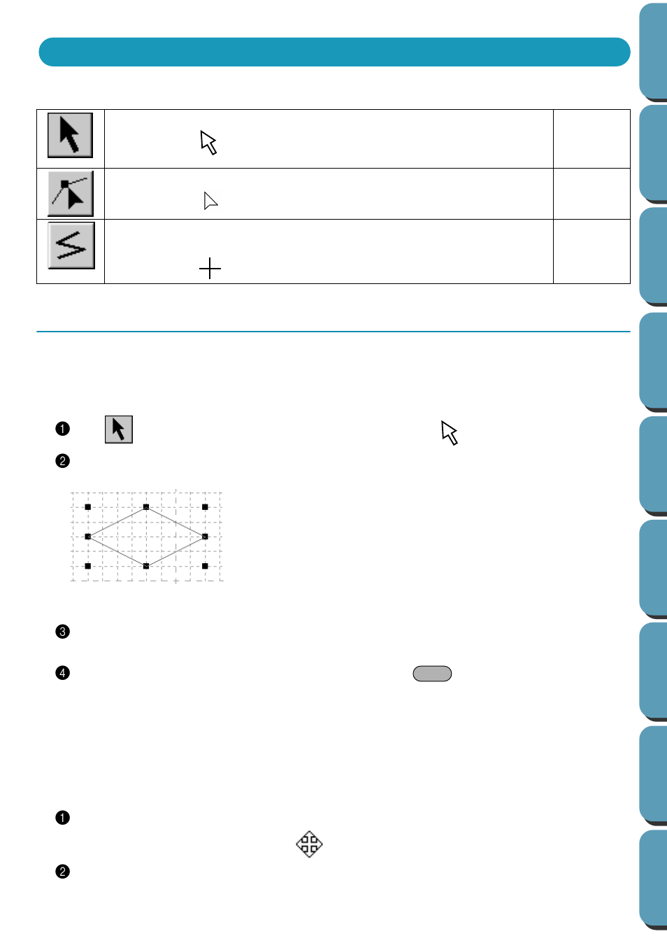 Using the tool box, Selection mode, Selecting lines | Moving lines, Selecting lines • moving lines, Selecting lines 1, Moving lines 1 | Brother PE-DESIGN Ver.432 User Manual | Page 201 / 224