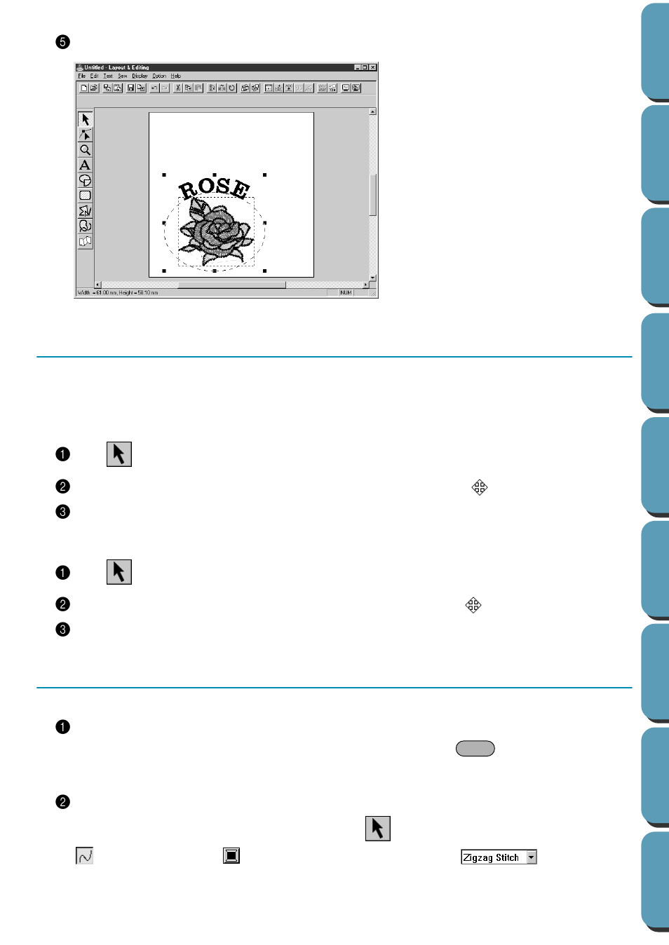 Step 9 moving the oval and text, To move both patterns as a group, To move the text over the oval | Step 10 adding a circle for drawing the sun, Moving the oval and text, Adding a circle for drawing the sun, Step 9, Step 10 | Brother PE-DESIGN Ver.432 User Manual | Page 43 / 224