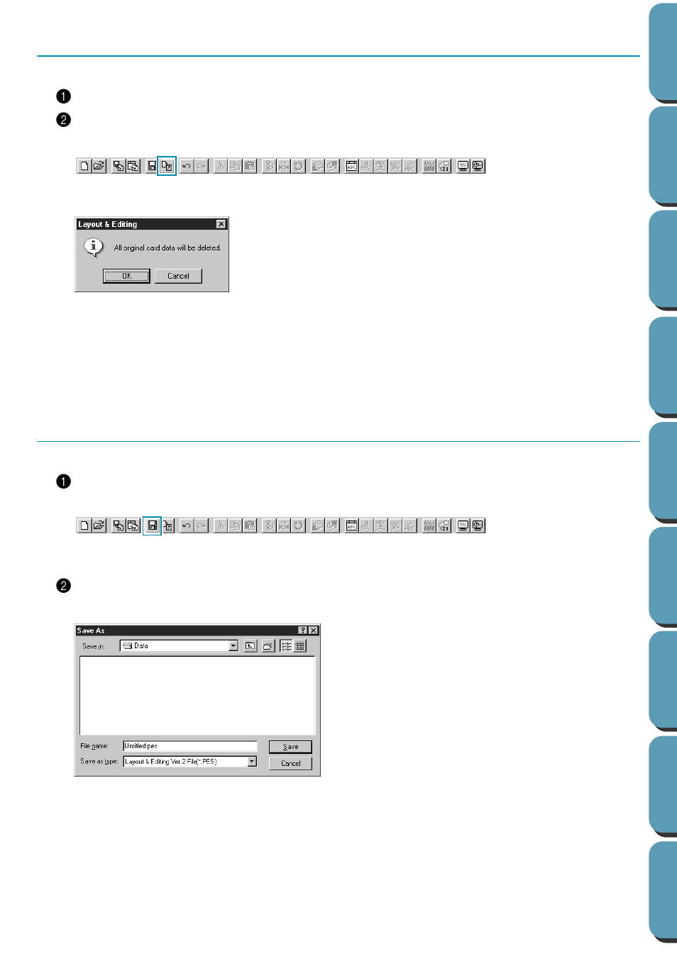 Step 17 transferring the data to a card, Step 18 saving the file, Transferring the data to a card saving the file | Step 17, Step 18, Transferring the data to a card, Saving the file | Brother PE-DESIGN Ver.432 User Manual | Page 51 / 224