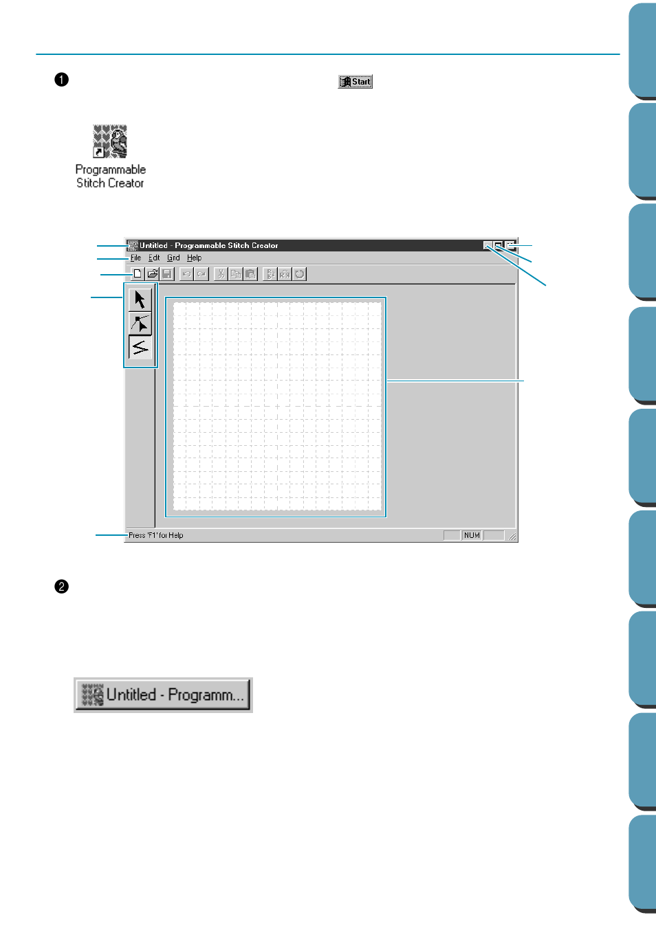 Step 1 starting programmable stitch creator, Starting programmable stitch creator, Step 1 | Brother PE-DESIGN Ver.432 User Manual | Page 54 / 224