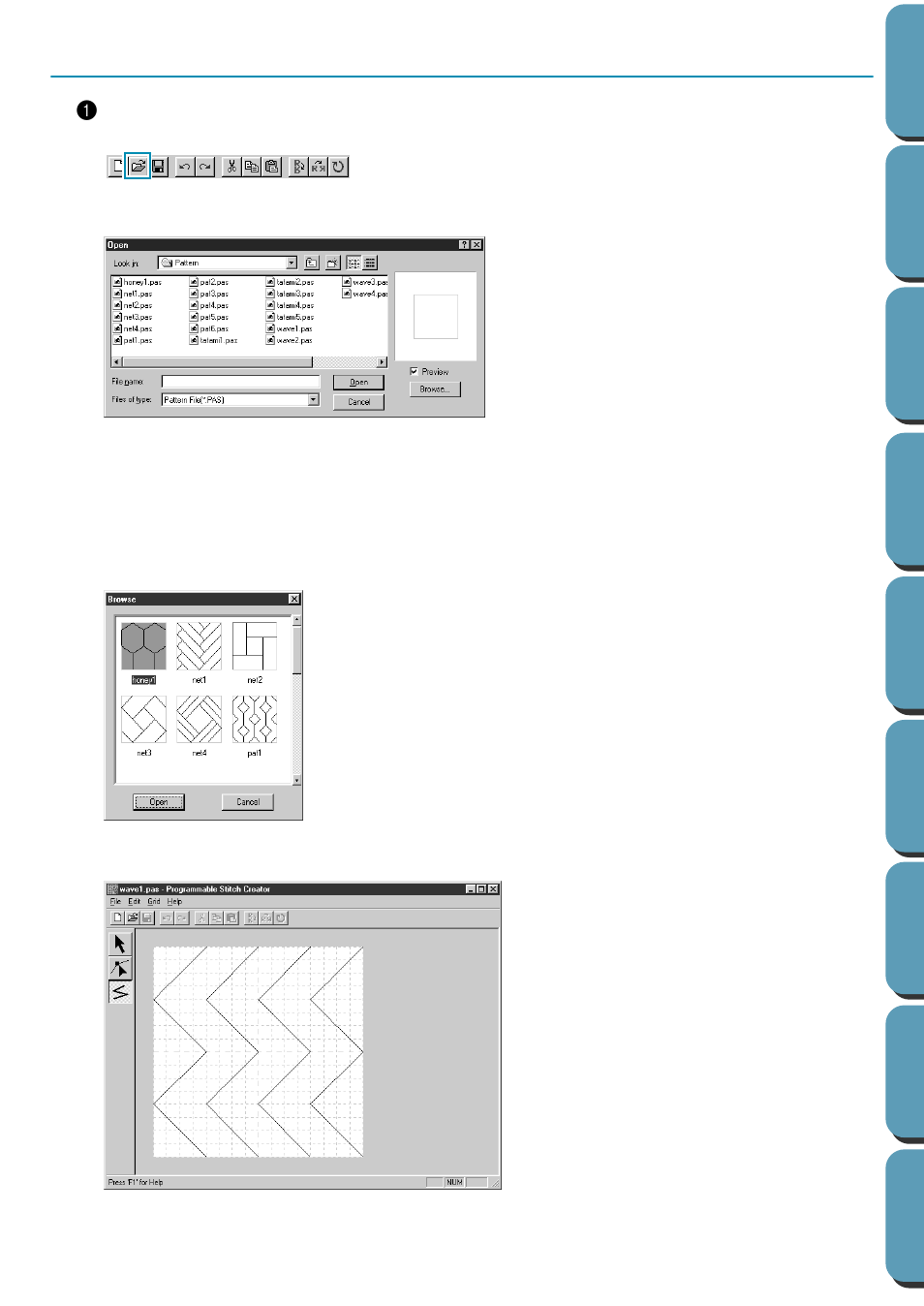 Step 2 opening a programmed stitch file, Opening a programmed stitch file, Step 2 | Brother PE-DESIGN Ver.432 User Manual | Page 55 / 224