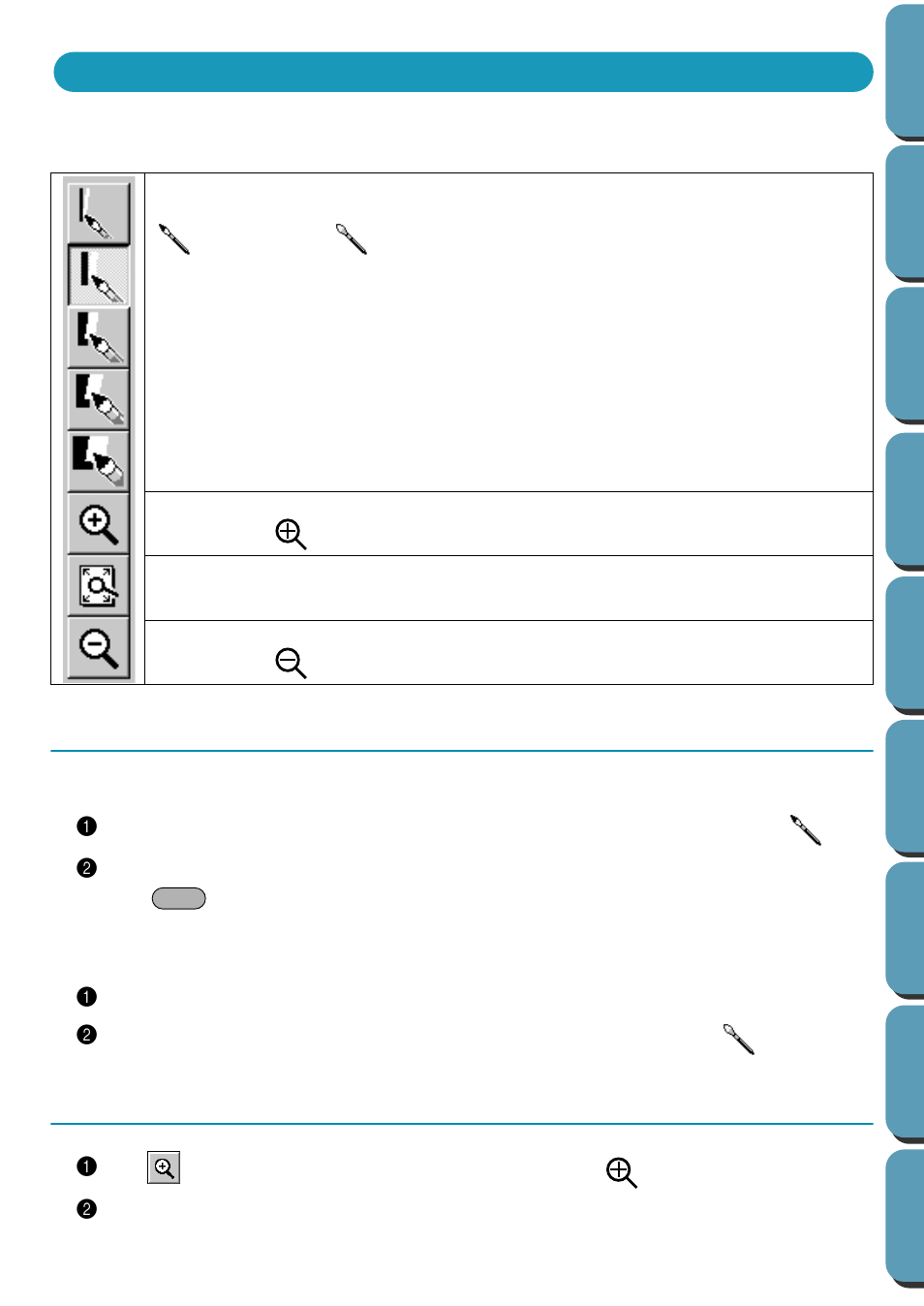 Using the stage 2 tool box, Drawing and erasing, Drawing | Erasing, Zoom-in mode, Drawing • erasing, Drawing 1, Erasing 1 | Brother PE-DESIGN Ver.432 User Manual | Page 66 / 224