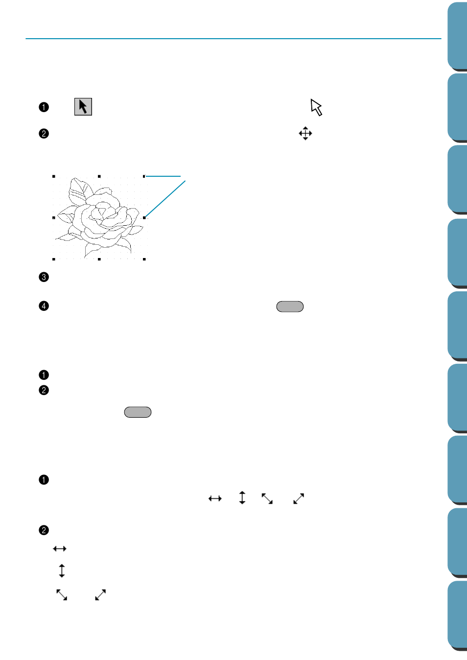 Selection mode, Selecting patterns, Moving patterns | Scaling patterns, Selecting patterns 1, Moving patterns 1, Scaling patterns 1 | Brother PE-DESIGN Ver.432 User Manual | Page 69 / 224