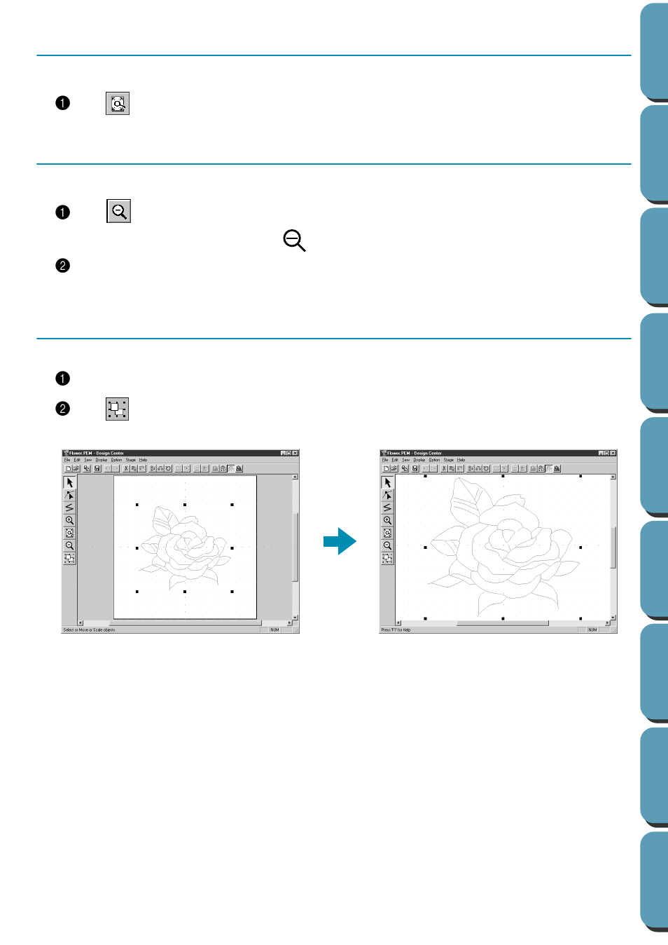 Zoom-out mode, Enlarging selected outlines to the screen size, Fit design page to window | Brother PE-DESIGN Ver.432 User Manual | Page 73 / 224