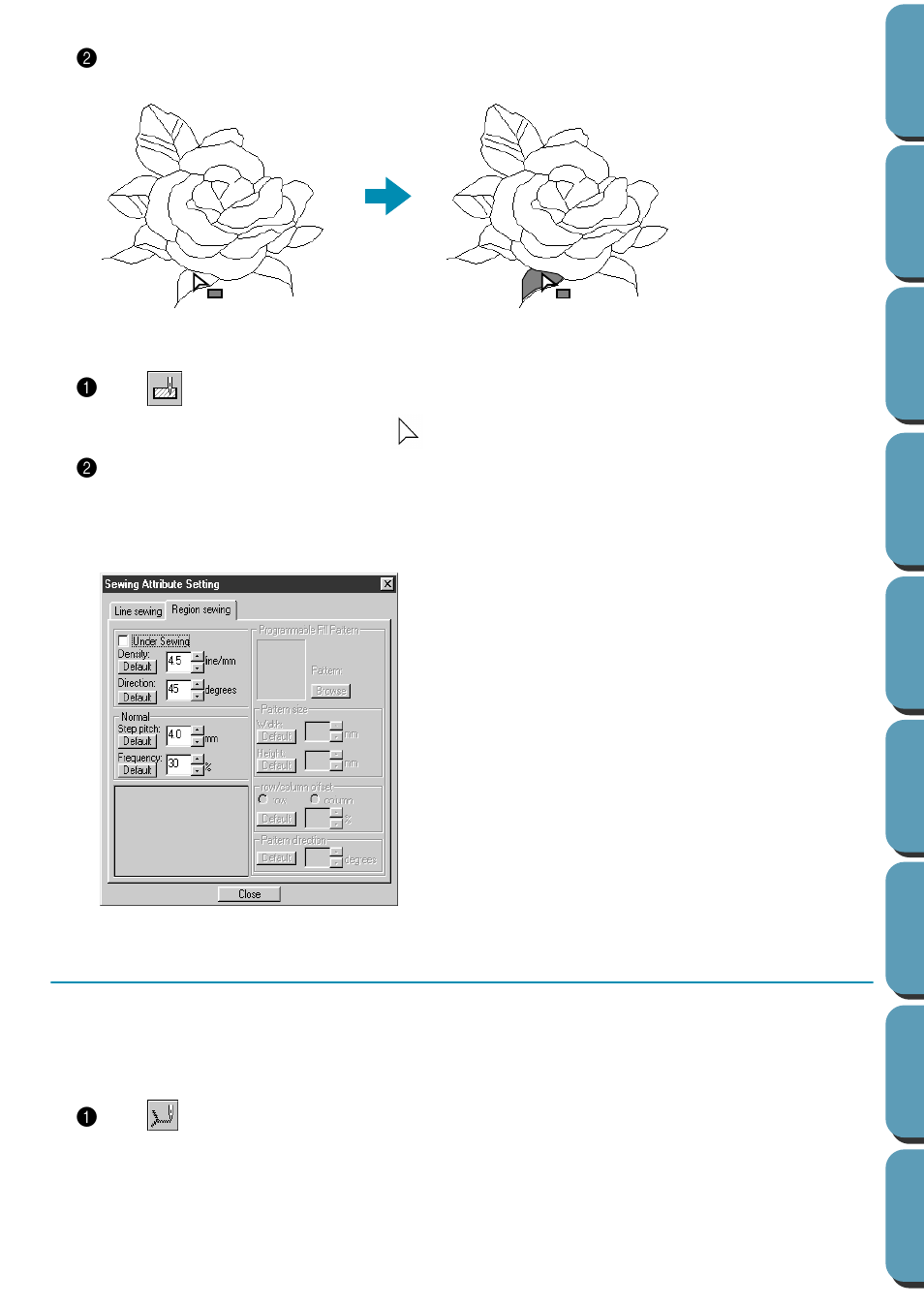 Checking the sewing attributes of a region, Line (all) setting mode, Applying the sewing attributes to an outline | Checking the sewing attributes of a region 1, Applying the sewing attributes to an outline 1 | Brother PE-DESIGN Ver.432 User Manual | Page 75 / 224