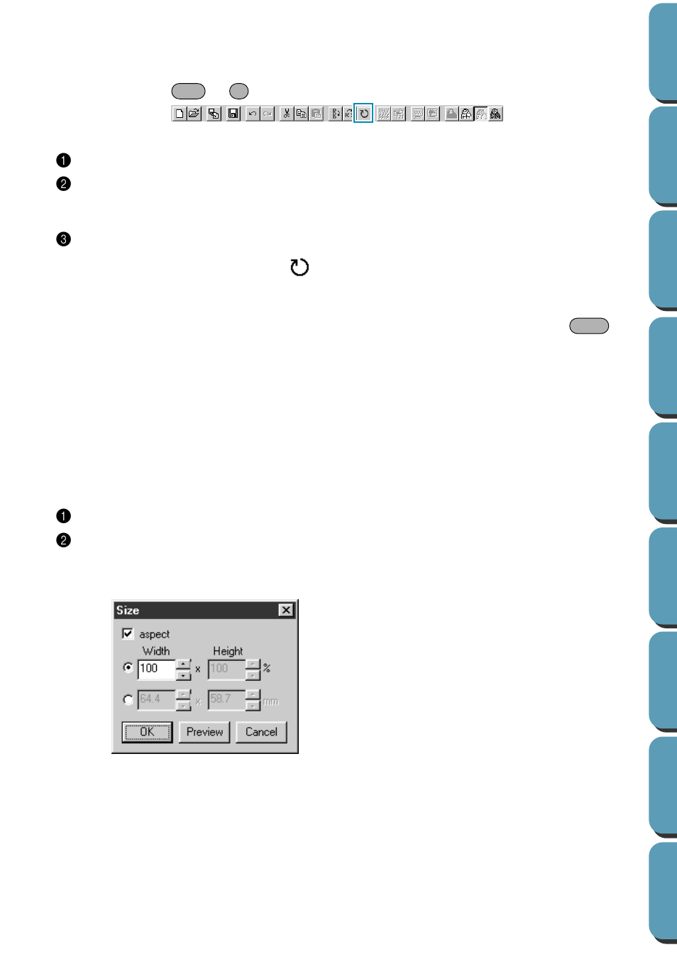 Rotate, Numerical setting-size, Rotate • numerical setting-size | Brother PE-DESIGN Ver.432 User Manual | Page 91 / 224