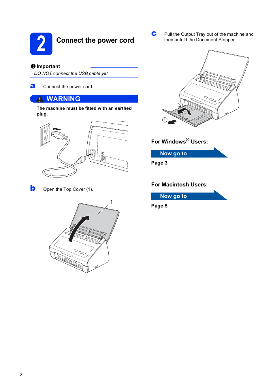 2 connect the power cord, Connect the power cord | Brother ADS-2000 User Manual | Page 2 / 12