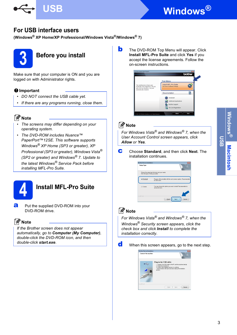3 before you install, 4 install mfl-pro suite, Windows | For usb interface users, Before you install, Install mfl-pro suite | Brother ADS-2000 User Manual | Page 3 / 12