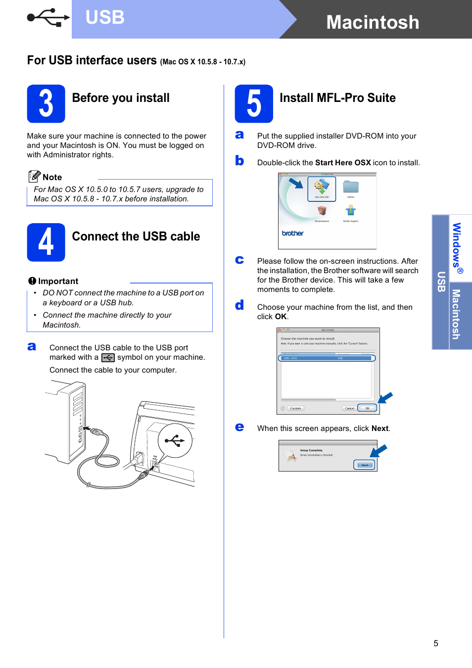 For usb interface users (mac os x 10.5.8 - 10.7.x), 3 before you install, 4 connect the usb cable | 5 install mfl-pro suite, Macintosh usb | Brother ADS-2000 User Manual | Page 5 / 12