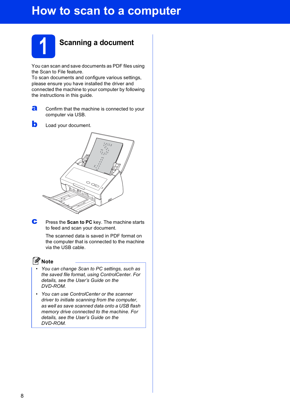 How to scan to a computer, 1 scanning a document | Brother ADS-2000 User Manual | Page 8 / 12