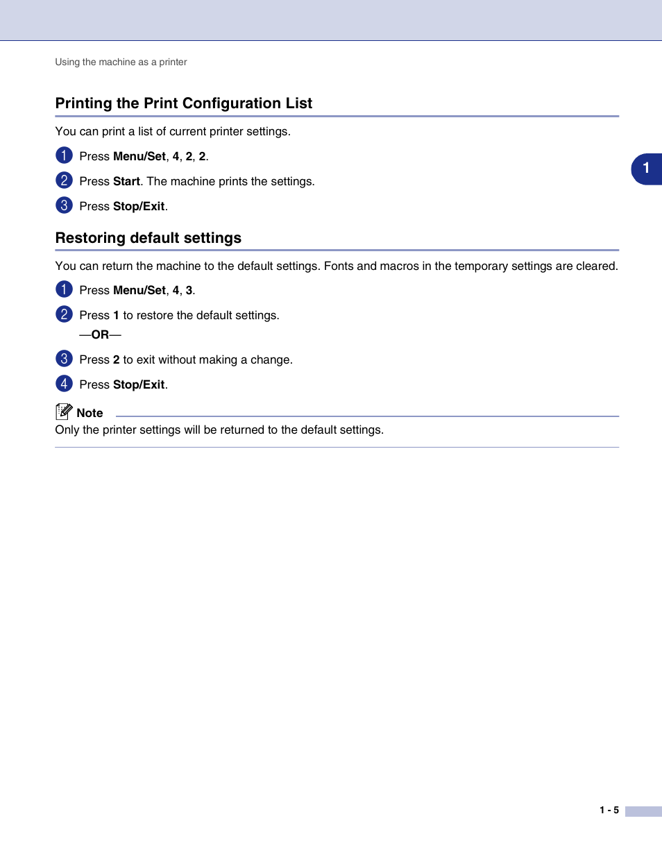 Printing the print configuration list, Restoring default settings | Brother MFC-7820N User Manual | Page 10 / 115