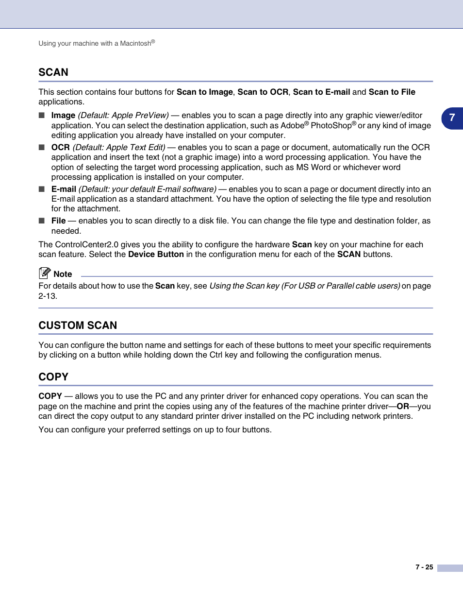 Scan, Custom scan, Copy | Scan -25 custom scan -25 copy -25, 7scan | Brother MFC-7820N User Manual | Page 102 / 115