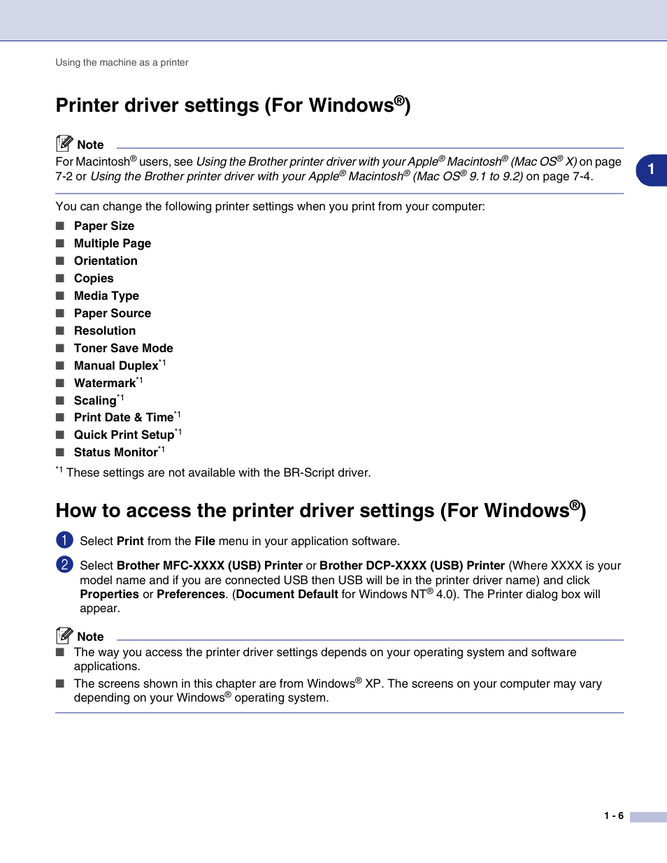 Printer driver settings (for windows®), Printer driver settings (for windows | Brother MFC-7820N User Manual | Page 11 / 115