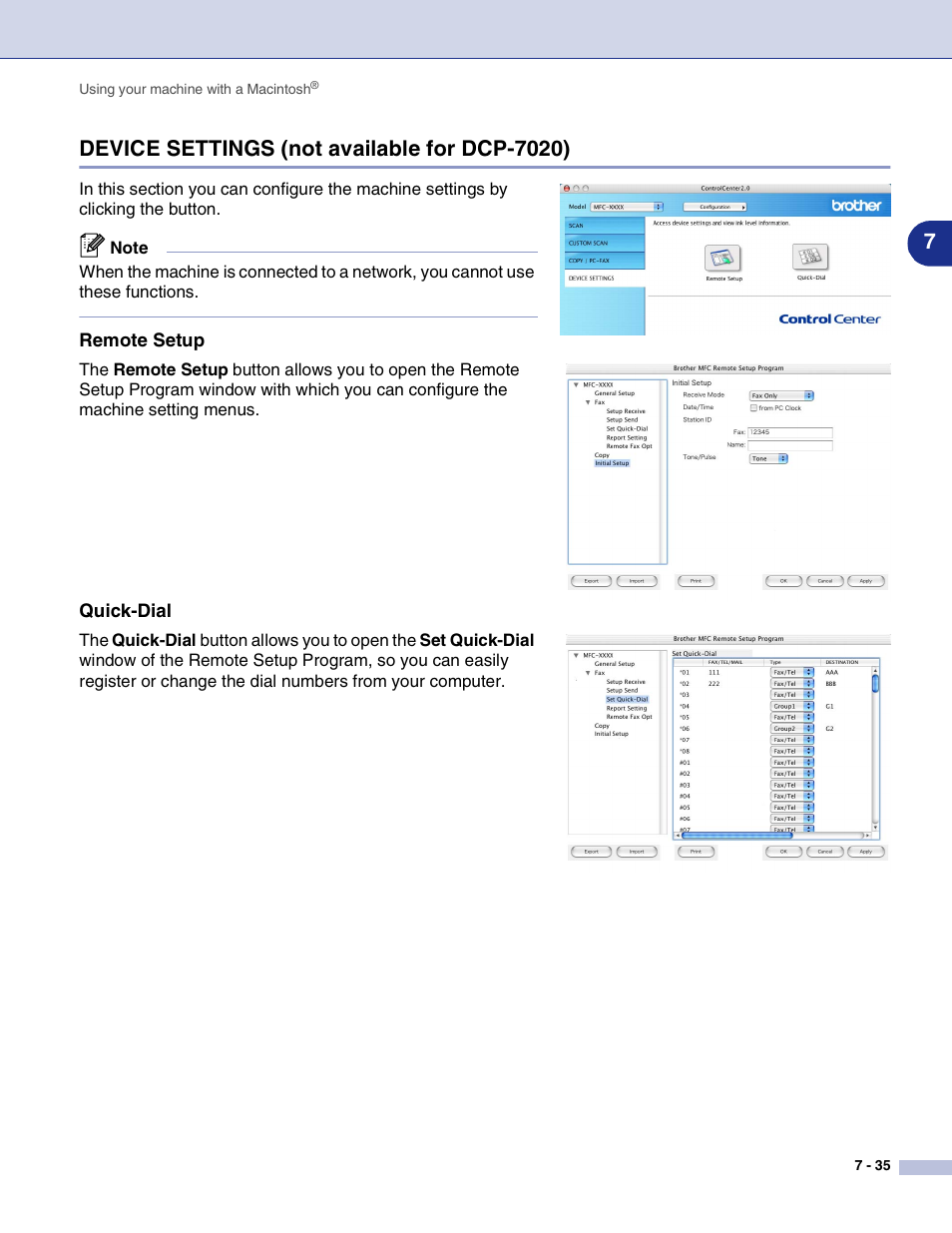 Device settings (not available for dcp-7020), Remote setup, Quick-dial | Device settings (not available for dcp-7020) -35 | Brother MFC-7820N User Manual | Page 112 / 115