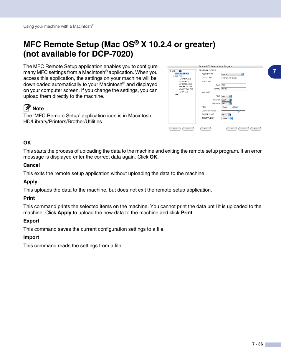 Mfc remote setup (mac os, X 10.2.4 or greater), Not available for dcp-7020) -36 | See mfc remote setup (mac os | Brother MFC-7820N User Manual | Page 113 / 115