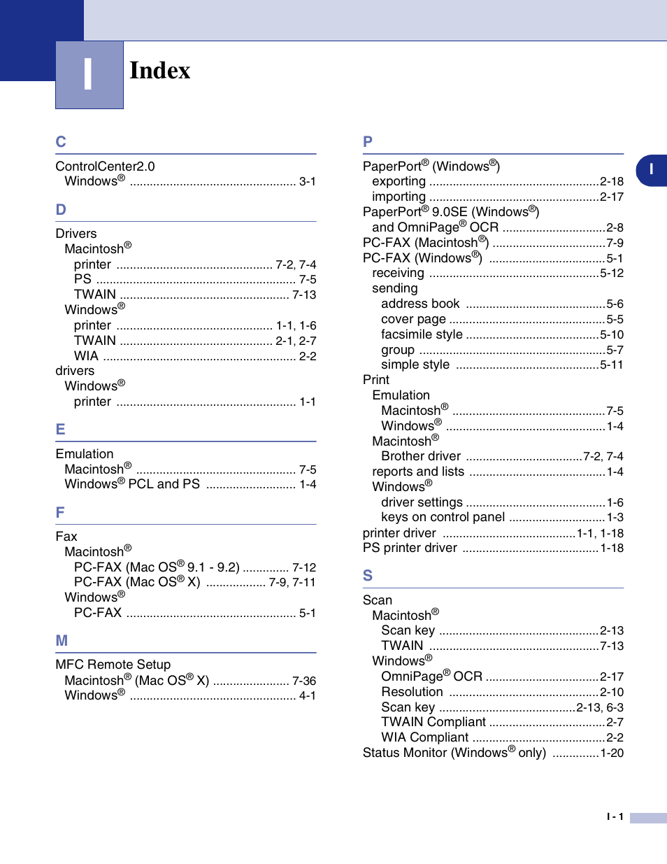 Index | Brother MFC-7820N User Manual | Page 114 / 115