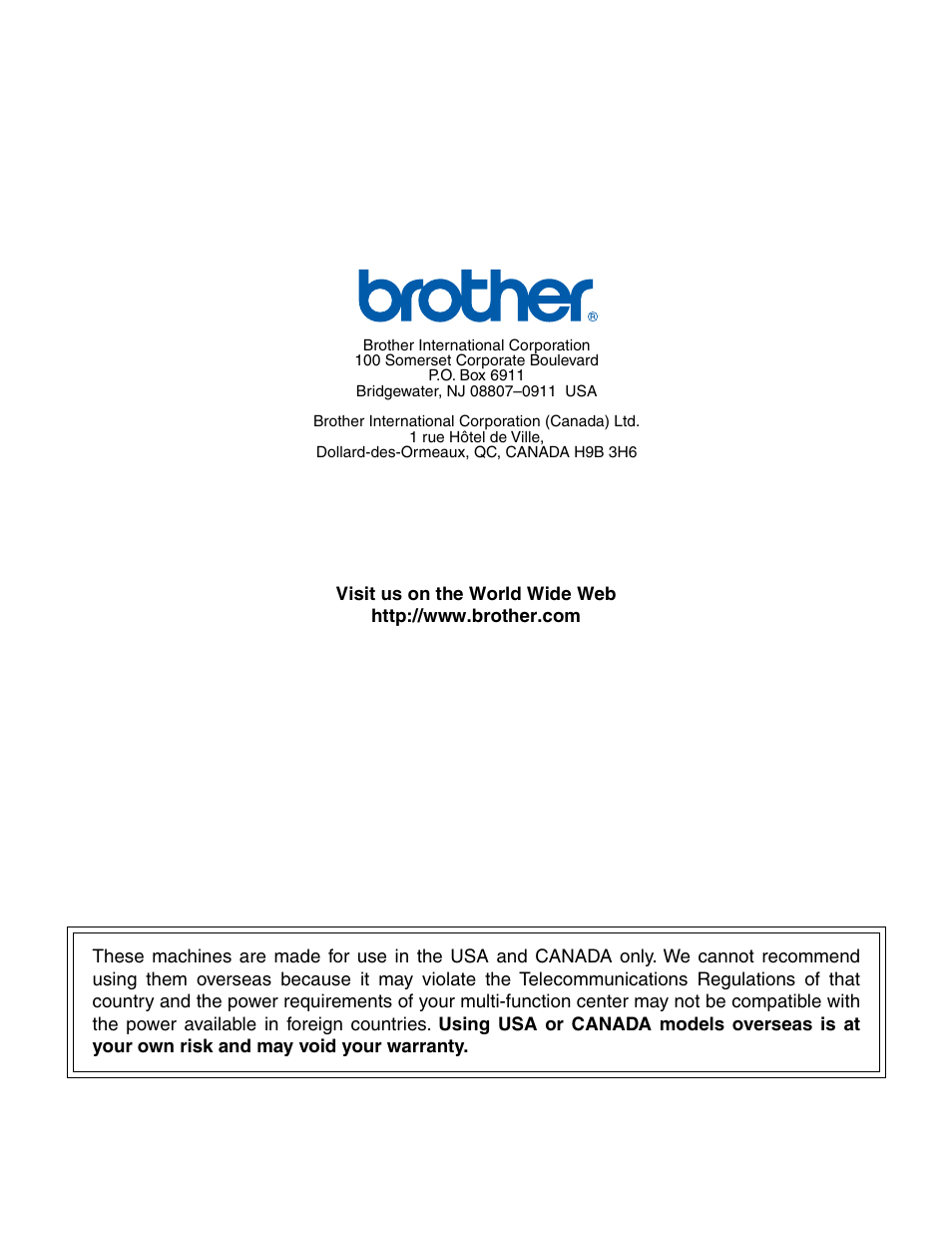 Brother usa/can | Brother MFC-7820N User Manual | Page 115 / 115