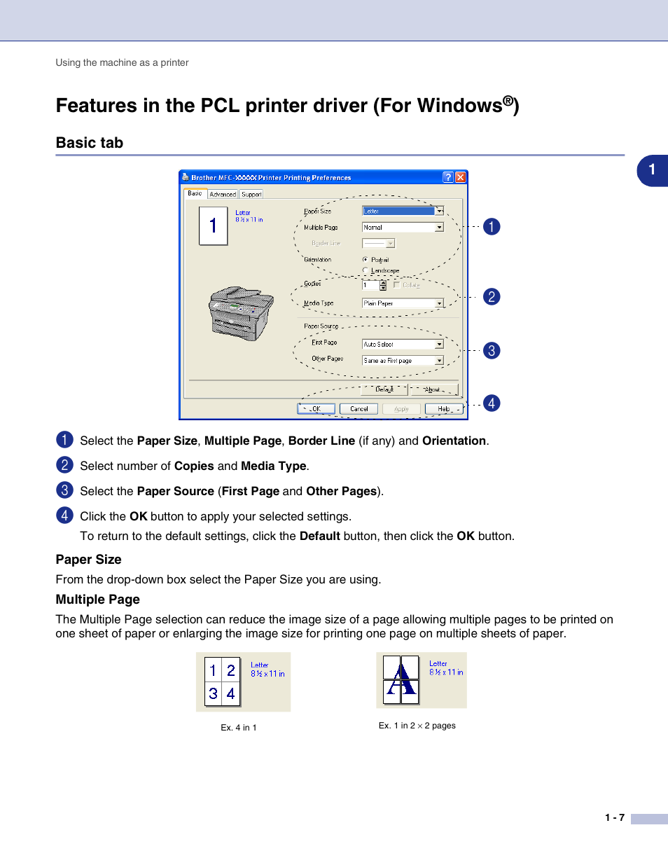 Features in the pcl printer driver (for windows®), Basic tab, Paper size | Features in the pcl printer driver (for windows, Basic tab -7 | Brother MFC-7820N User Manual | Page 12 / 115