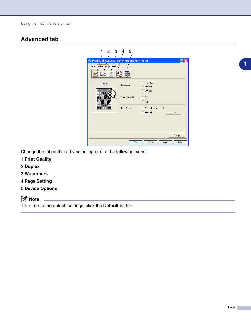 Advanced tab, Advanced tab -9, 1advanced tab | Brother MFC-7820N User Manual | Page 14 / 115