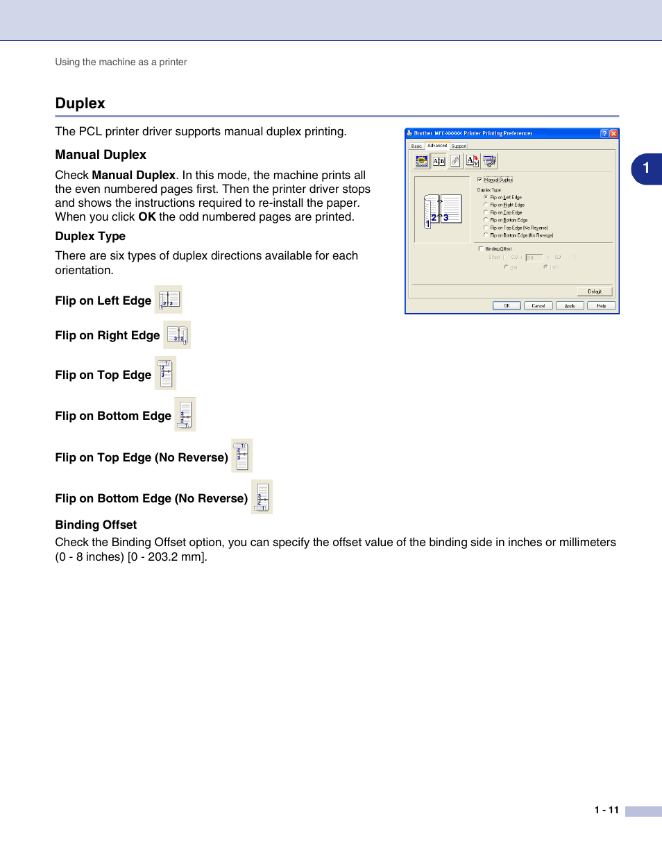 Duplex, Manual duplex, Duplex -11 | 1duplex | Brother MFC-7820N User Manual | Page 16 / 115
