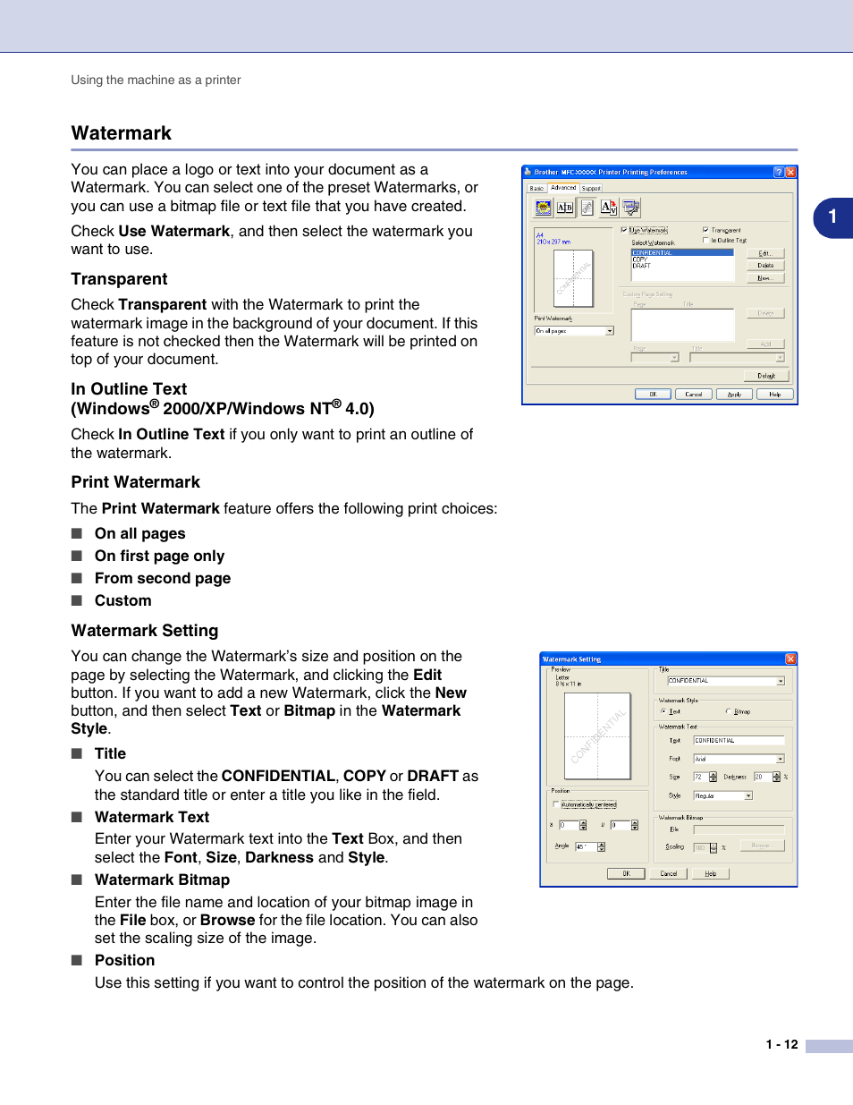 Watermark, Transparent, In outline text (windows® 2000/xp/windows nt® 4.0) | Print watermark, Watermark setting, Watermark -12, 1watermark | Brother MFC-7820N User Manual | Page 17 / 115